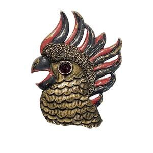 Vintage Artisan Brass Chicken Head Brooch, 1940s, 3" T